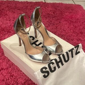 SCHUTZ Metallic Silver Peep-Toe Heels